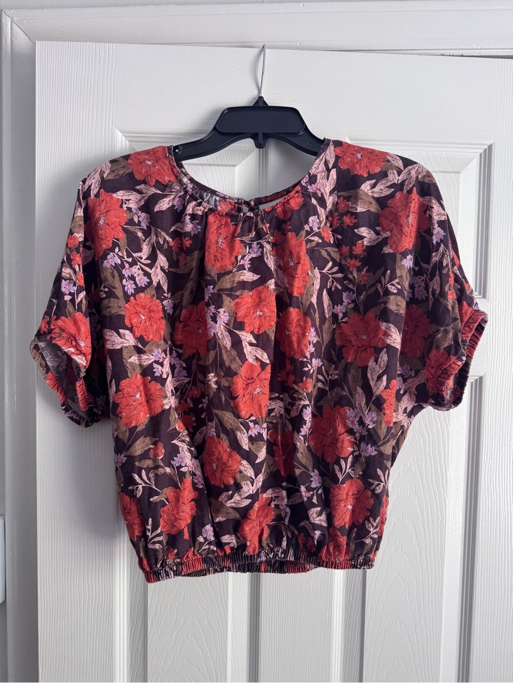 Haute Hippie Style 100% Linen Floral Blouse Women’s M Red Brown Boho Top